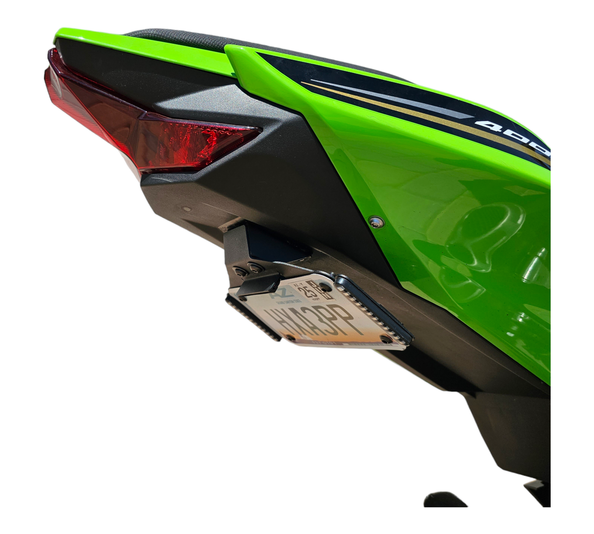 Kawasaki Ninja 400 fender eliminator up close diagonal view